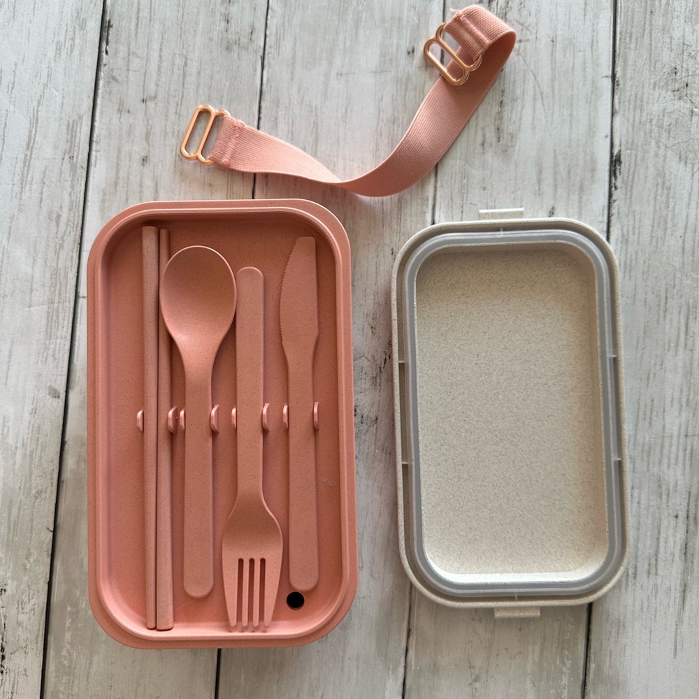 PREOWNED OUR PLACE PINK TAN BENTO BOX WITH UTENSILS